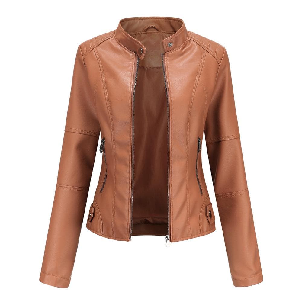 Women's Leather Jacket Women's Slim Jacket Thin Spring and Autumn Jacket Women's Motorcycle Jacket Large Size Stand Collar Leather Jacket XS
