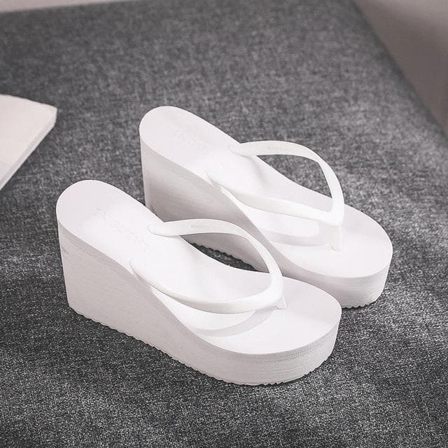 Summer Women's Shoes Beach Flip-flops Platform Sandals High-heeled Sandals Solid Color Skateboard Slippers Women Heels 39 white