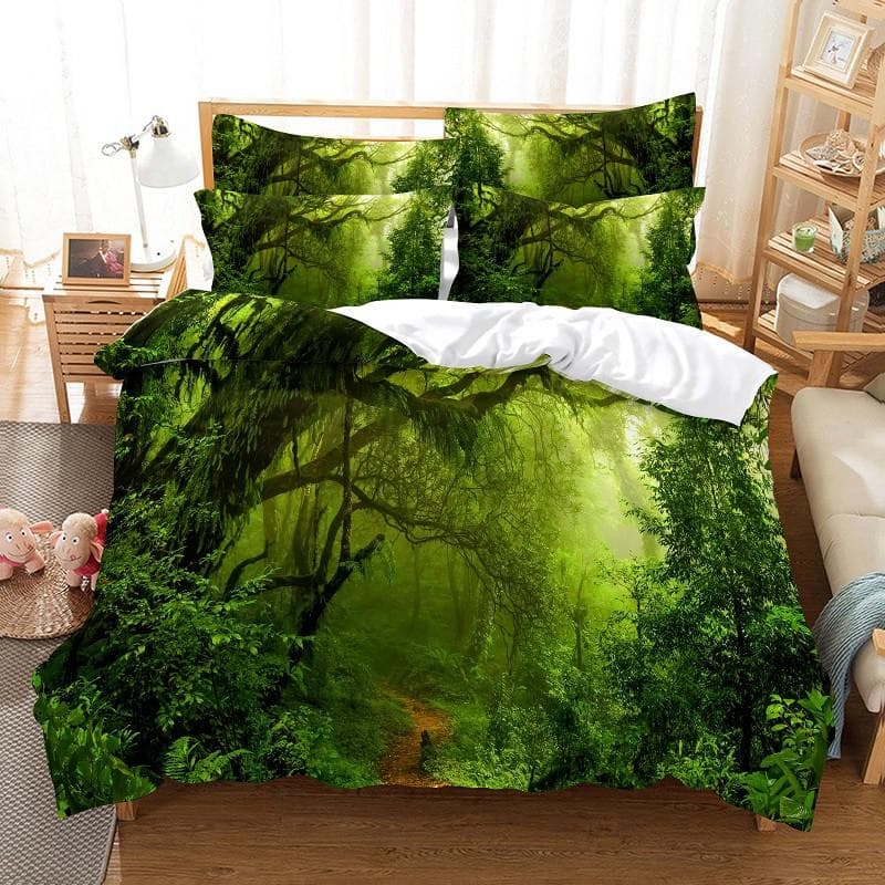 Modern Green Forest Landscape Digital Printing Bedding Set 3D Fashion Design Down Bed Cover Pillowcase 2-3 Pieces Home Textile EU single(135x200cm)