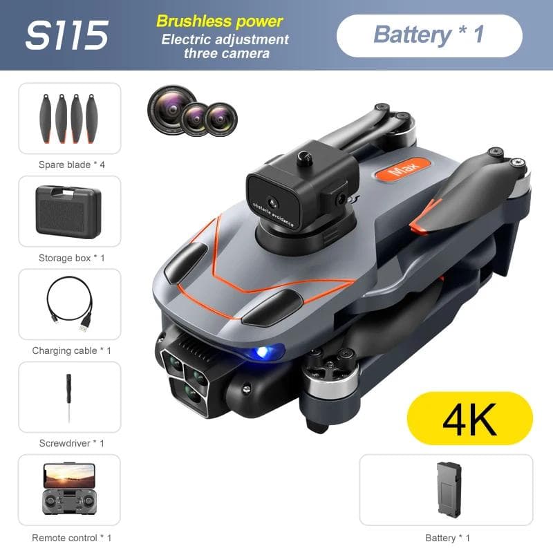 New S115 RC Drone 8K Professional Three-camera Wide-angle Positioning Obstacle Avoidance Brushless Motor Foldable Quadcopter Gift Toy 4k 1 battery black