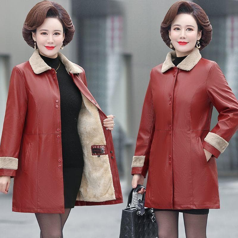 Leather Jacket for Women In Winter with Thick Fleece and A Medium To Long Length Design for Warmth and Cold Protection 5XL burgundy
