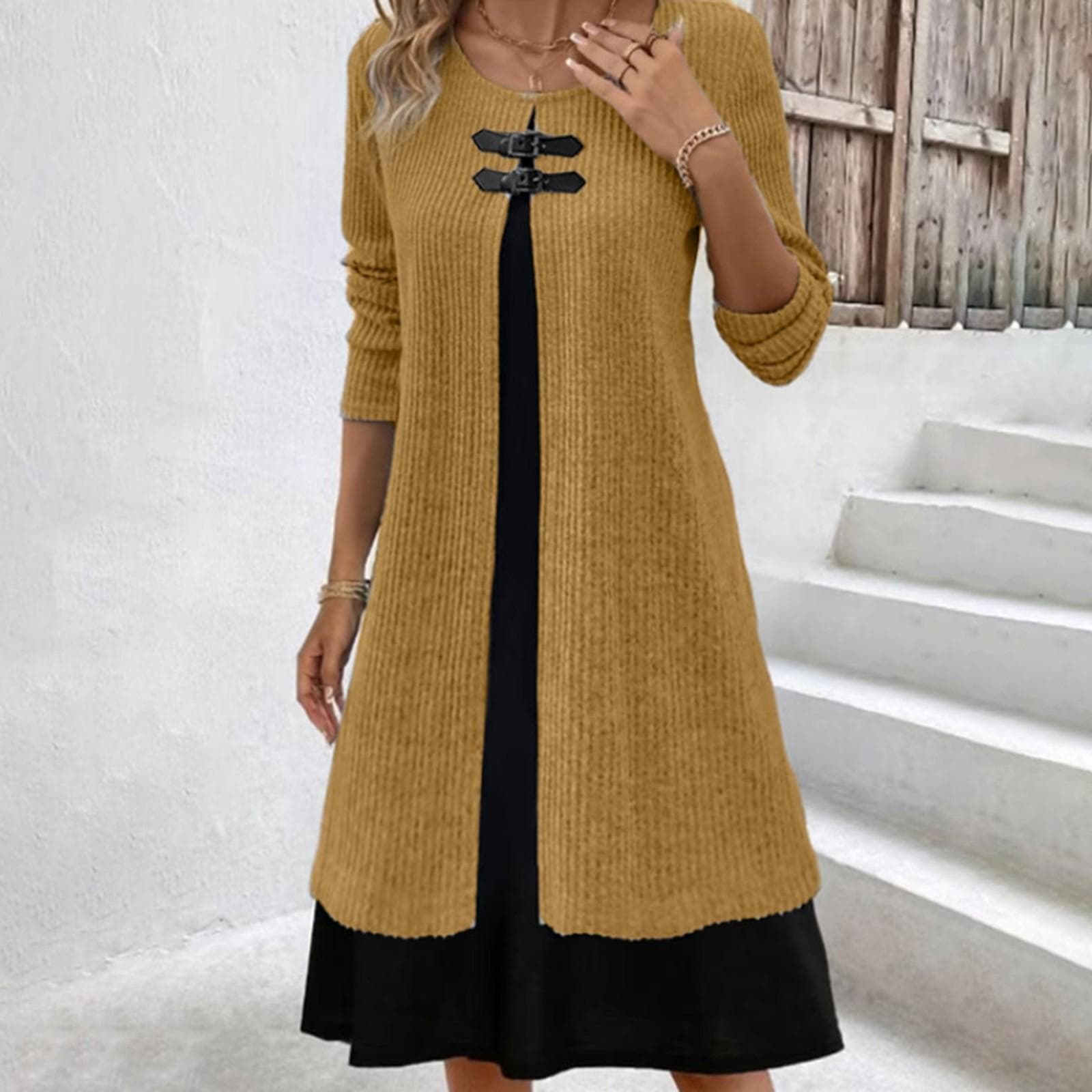 Womens Winter Sweater Dress Crew Neck Long Sleeve Dress Fashion Knitted Street Dresses XXL yellow