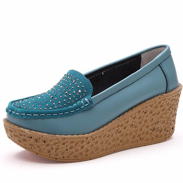 Women Genuine Leather Wedge Platform Shoes Ladies Slip On Crystal Flat Shoes High Heel 7cm Thick Sole Shallow Casual Loafers 39 blue