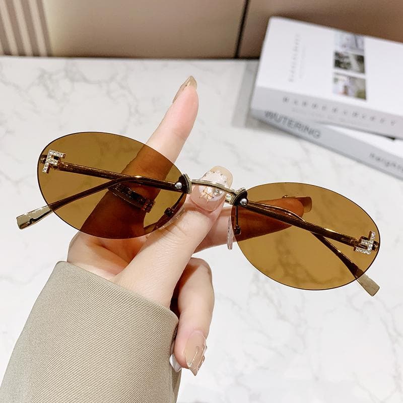 Elegant Diamond Oval Sunglasses Male Letter F Rimless Sunglasses Female Fashion UV Protection