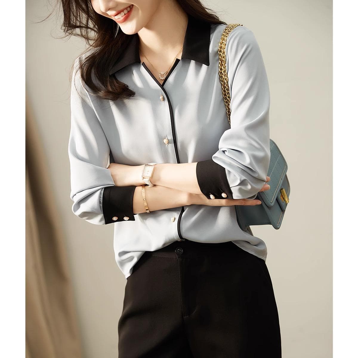 Retro Simple and Elegant POLO Collar Long-sleeved Shirt for Women In Autumn Slimming and Age-reducing Shirt Contrast Color 2XL blue