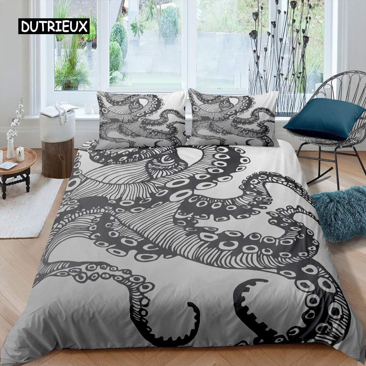 Octopus Duvet Cover Set Microfiber Green Octopus Tentacles Twin Bedding Set Sea Marine Theme Underwater Animal Comforter Cover EU single(135x200cm)