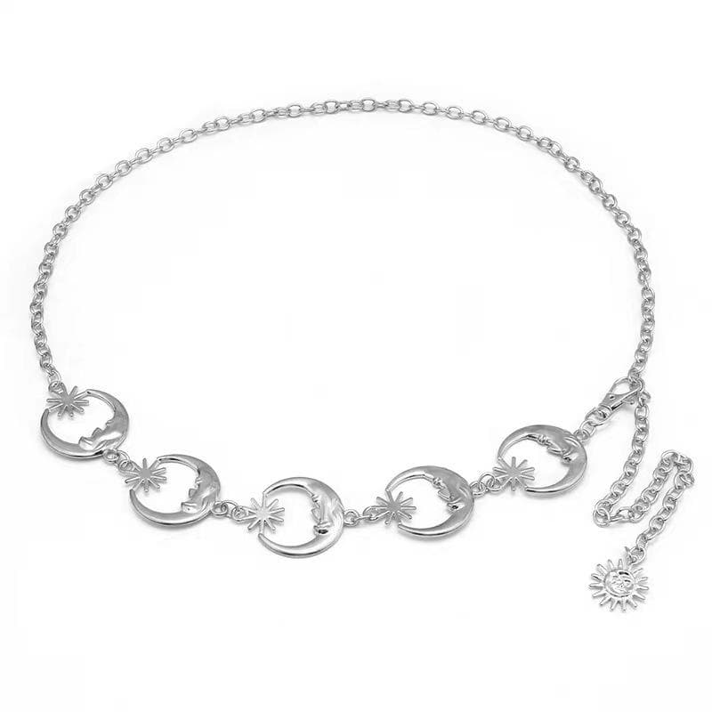Womens Fashion Belt Hip Hop Waist Metal Chain Gothic Moon Star Silver Pendant Vintage High Waist Chain silver