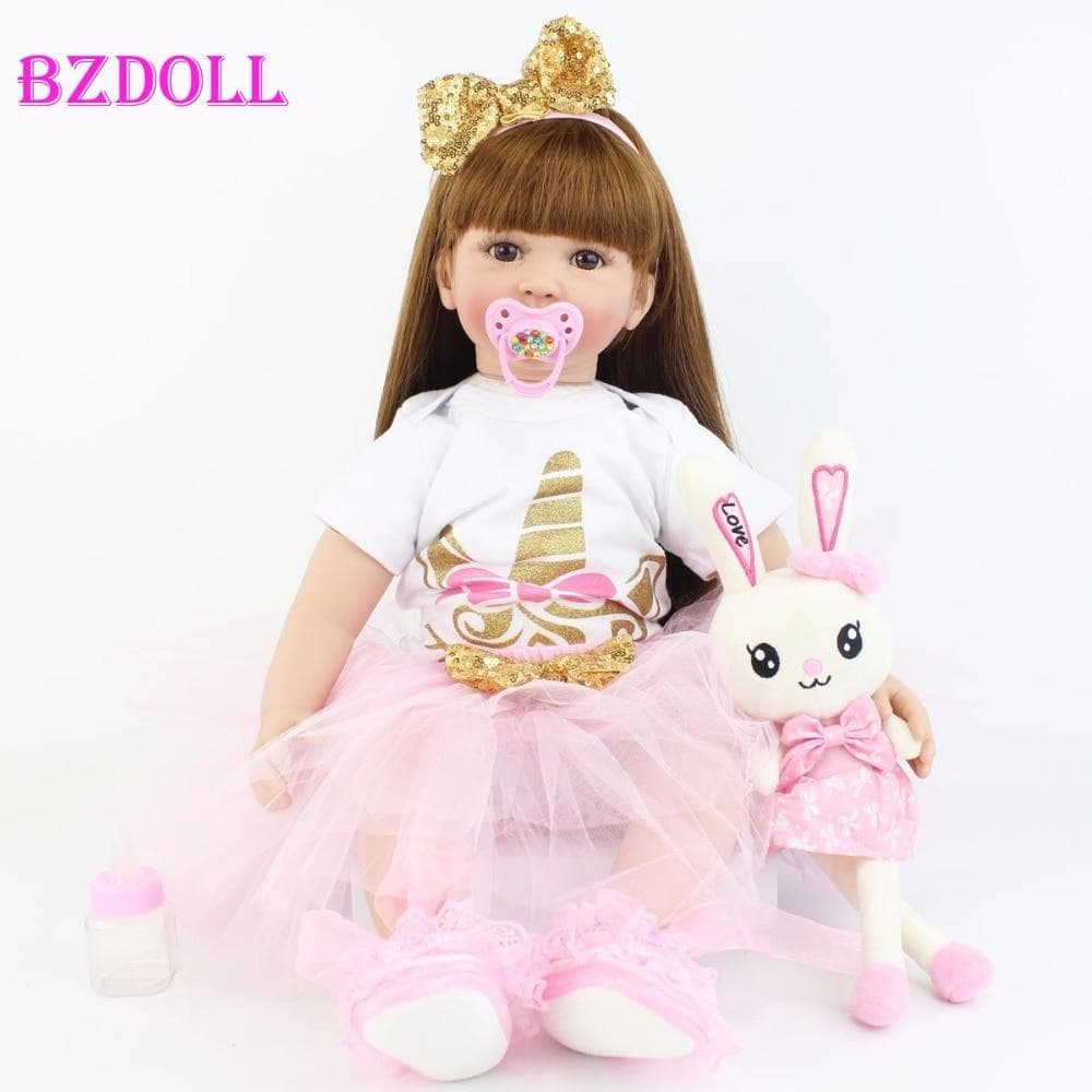 BZDOLL 60cm Soft Silicone Baby Reborn Toddler Doll Soft Vinyl Princess Girl Bonecas Kids Birthday Gift Bath Toy 60cm Doll, Brown eyes