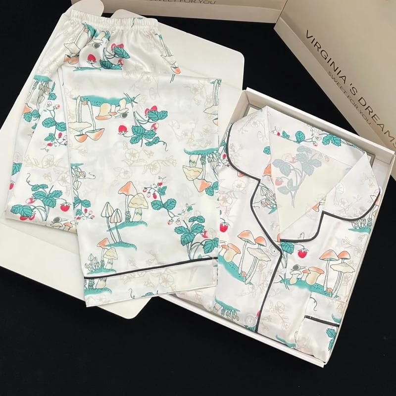 Idyllic Style Mushroom Print Women's Pajamas Loungewear Classic Simple Casual Sleepwear New Long Sleeve+pant Home Sets L