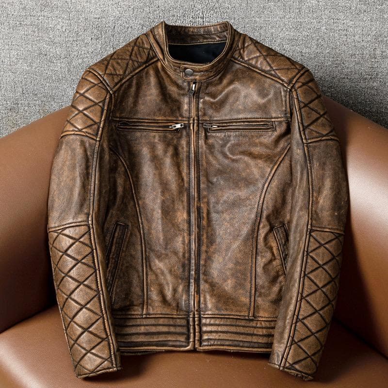 New Top -Layer Cowhide Genuine Leather Jacket Men 'S Slim -Fit Stand -Up Collar Motorcycle Motorcycle Riding Jacket Fashion Casual XXXL brown