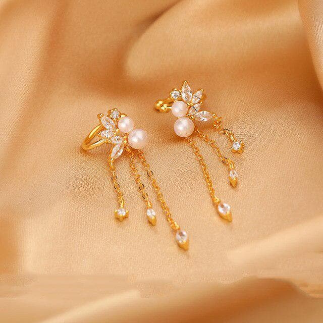1 Pcs 925 Sterling Silver No-piecing Zircon Tassel Bead Pearl Clip Earring for Women Girl Ear Cuff Jewelry Brincos Bijoux Femme gold