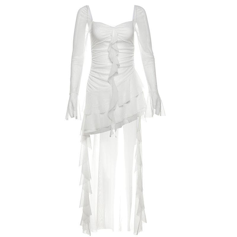 New Women's Solid Color Slim Fit High Waist Fashionable Square Neck Long Sleeved Mesh Dress S white