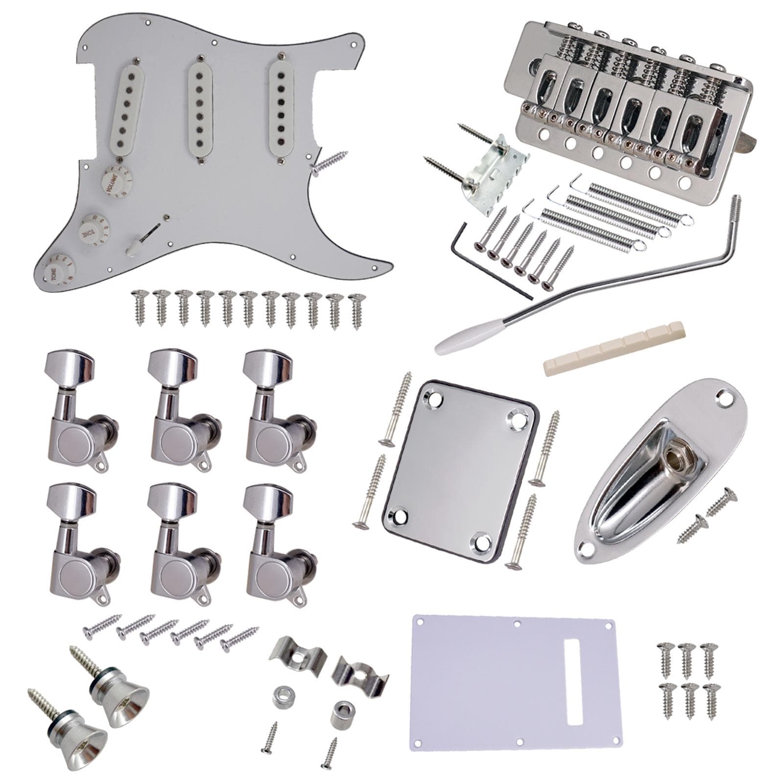 ST Style Electric Guitar Full Set DIY Accessory Kit Including Prewired Pickguard Bridge SSS Pickups silver