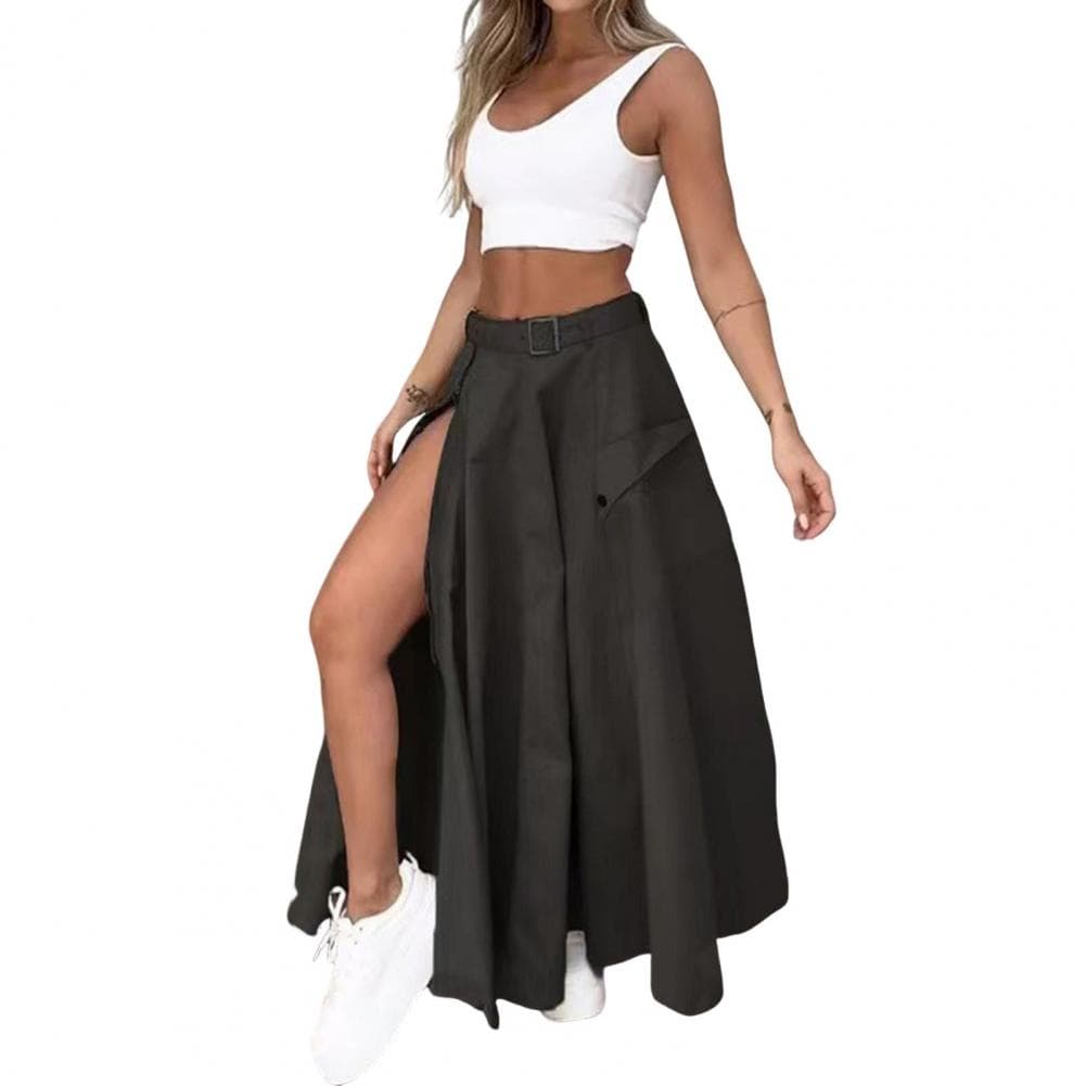 Women Round Neck Vest Elegant Women's Top Skirt Set with High Waist Split Maxi Skirt Sleeveless Crop Top Belt Solid Color XL black