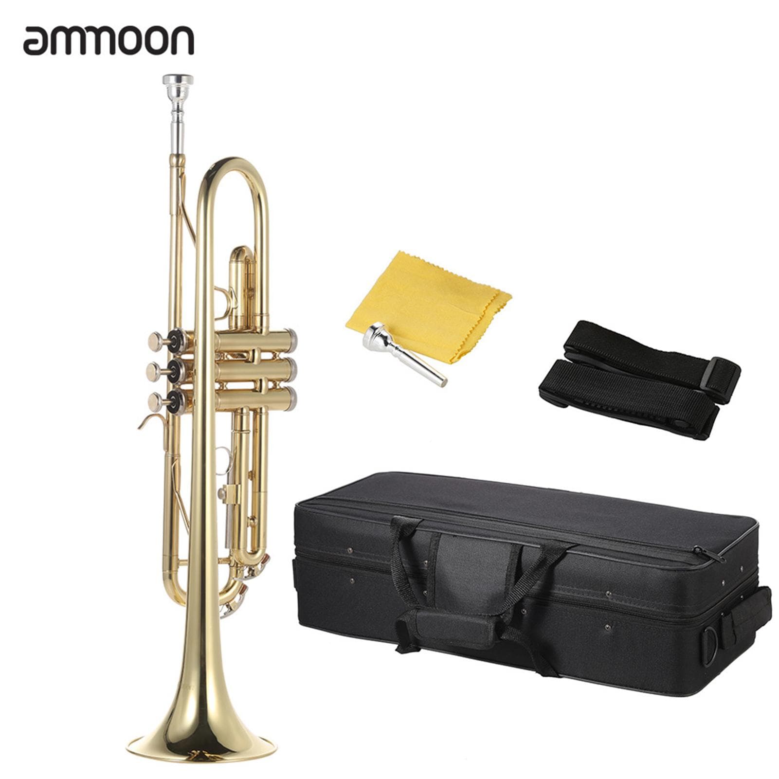 ammoon Trumpet Bb Flat Brass Gold-painted Exquisite Durable Musical Instrument with Mouthpiece Gloves Strap Case ammoon
