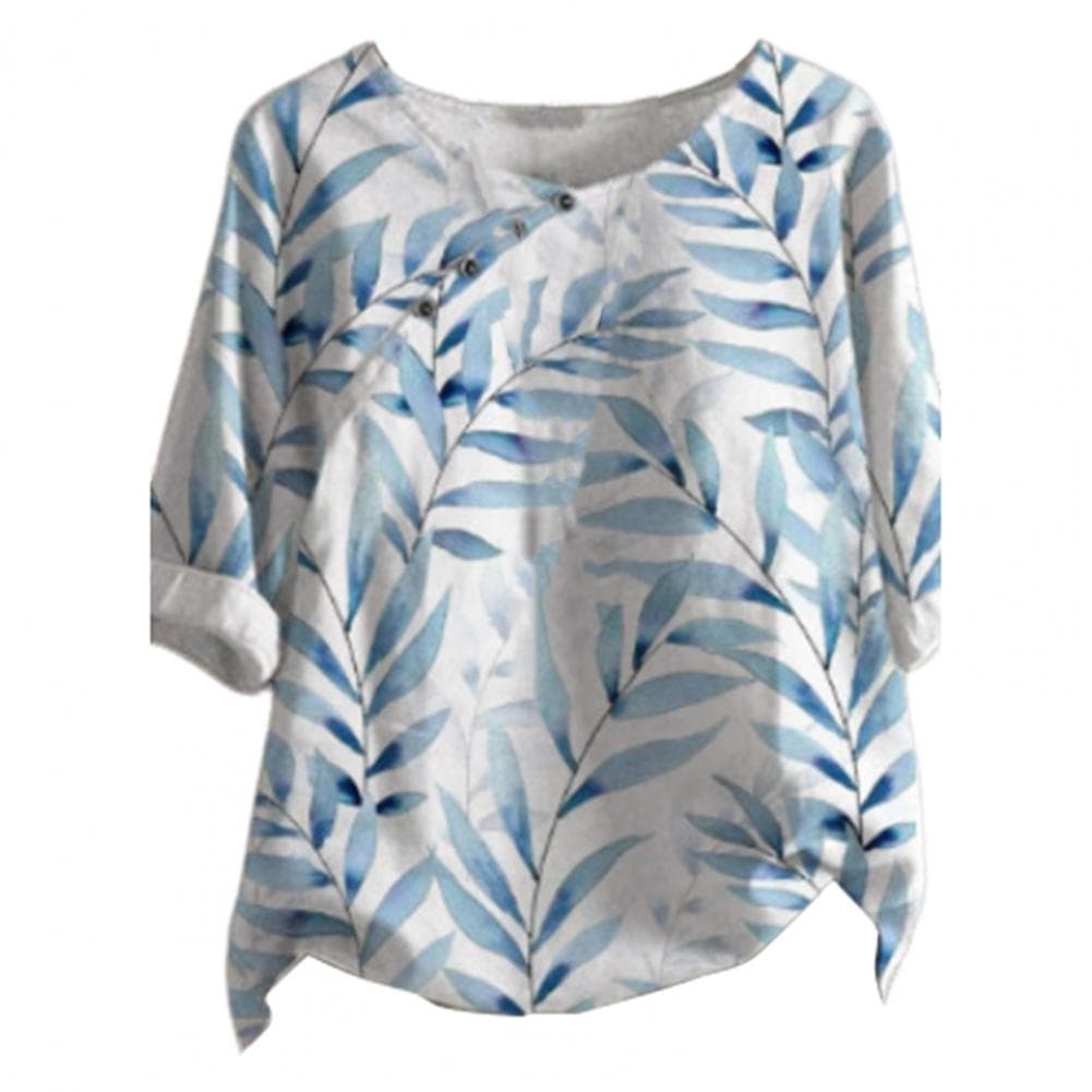 Women Summer Shirt Round Neck Short Sleeve Loose Fit Pullover Tops Retro Leaf Print Buttons Decor Thin Shirt M white