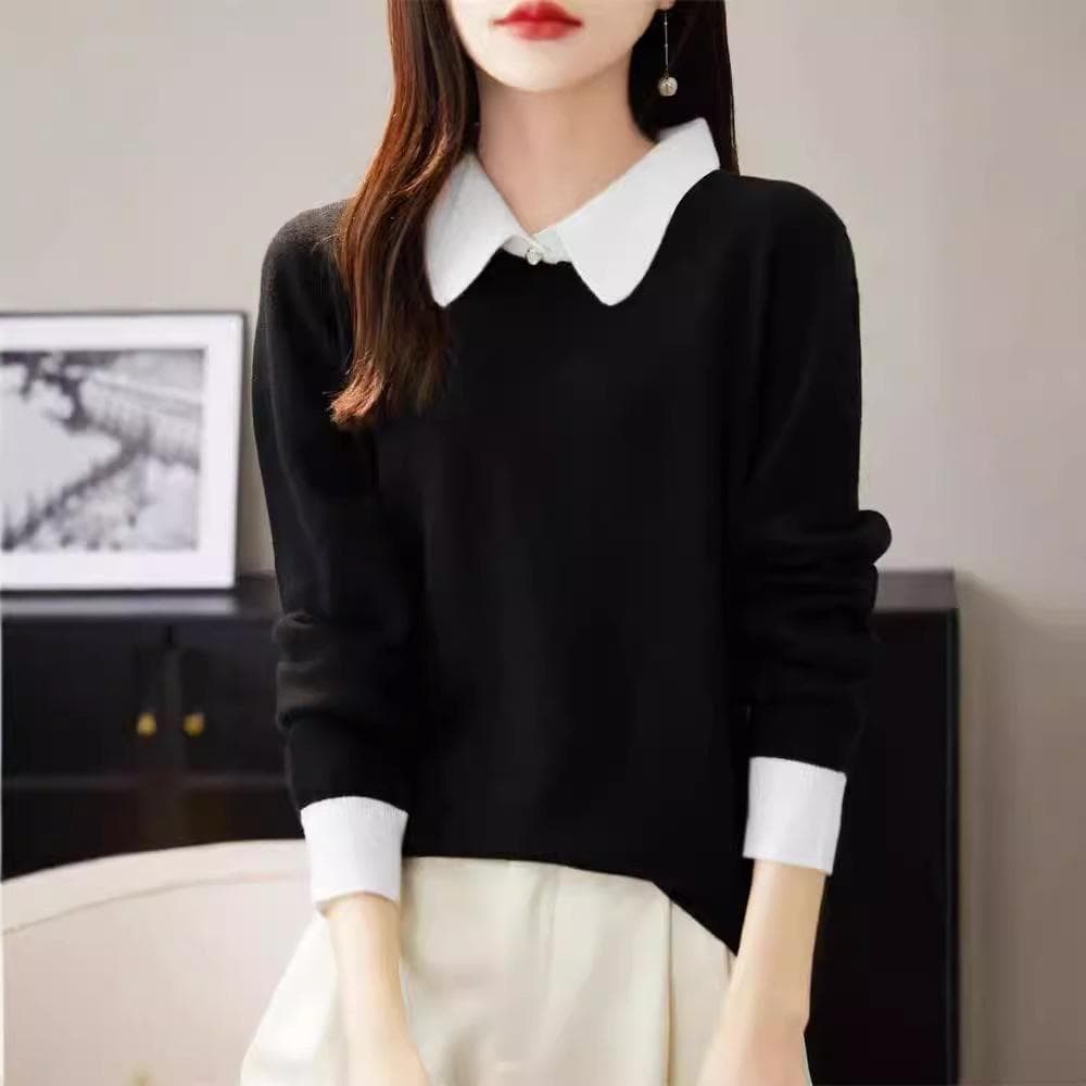 Polo Lapel Pullover Sweater for Women Loose and Lazy Color-blocking Sweater Base Shirt Underwear Top 2XL