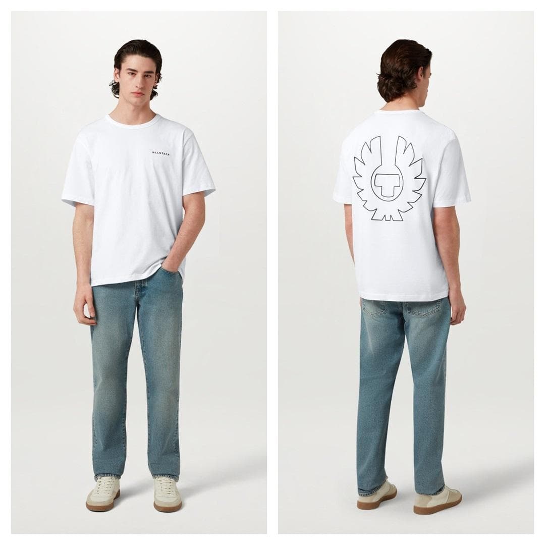 Belstaff Logo Double Sided Print T-Shirt, British Motorcycle Heritage Unisex White Casual Tee, Minimalist Streetwear, Everyday Wear L blue