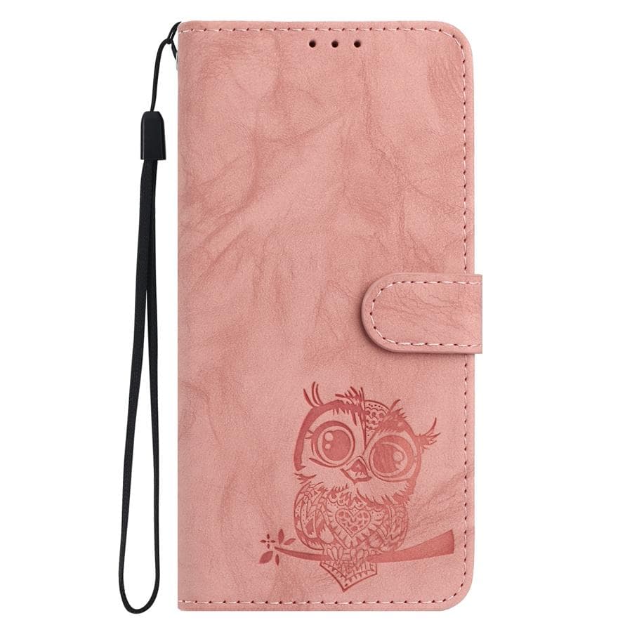Embossed Owl Phone Case for Xiaomi Redmi Note 14 14S 13 12 12S 11 10 Redmi 14C 13C 12 12C 10C 9C Wrist Strap Wallet Case for Poco C75 C61 M7 X6 Redmi 10 2022 pink