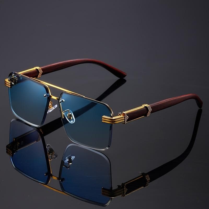 Womens Frameless Double Beam Sunglasses Golden Border Wood Grain Bracket Unisex Driving Eyewear Black Lens