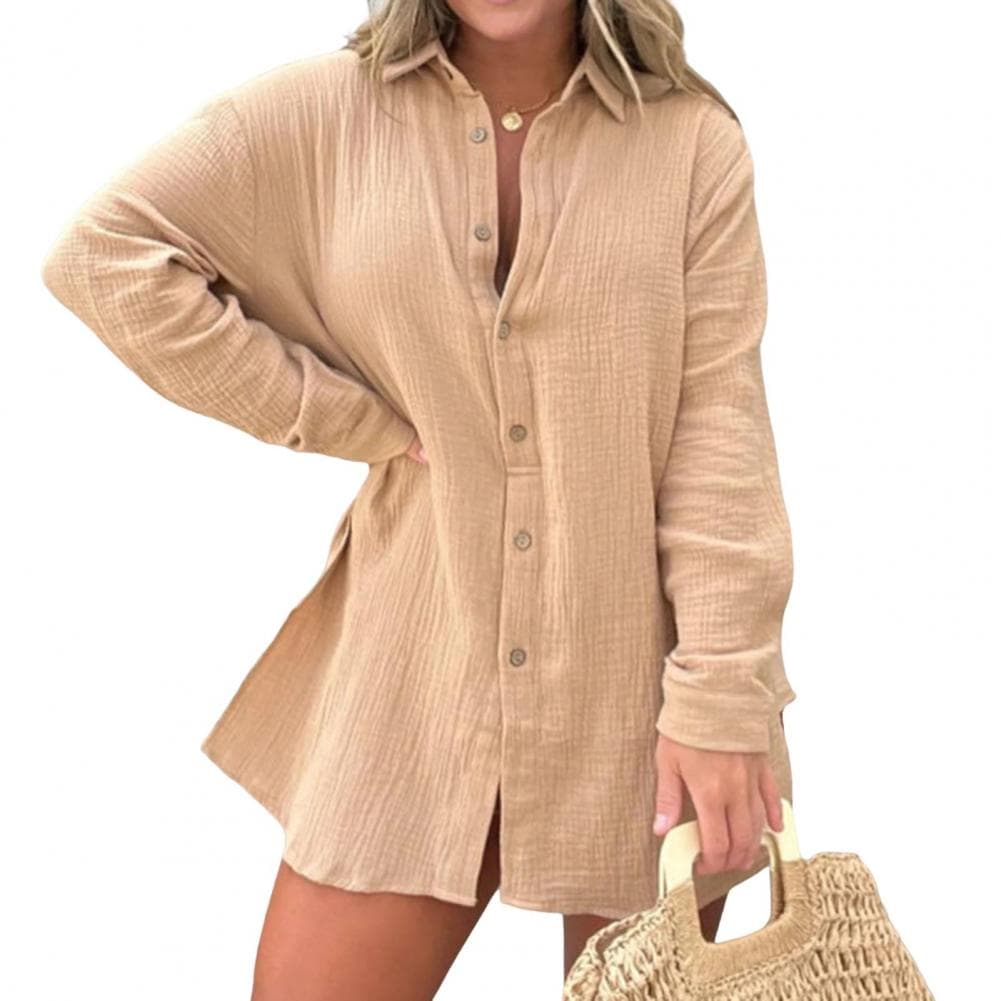 2 Pcs/Set Women Shirt Shorts Set Solid Color Long Sleeves Lapel Collar Single-breasted Split Blouse High Waist Loose Above Knee L khaki