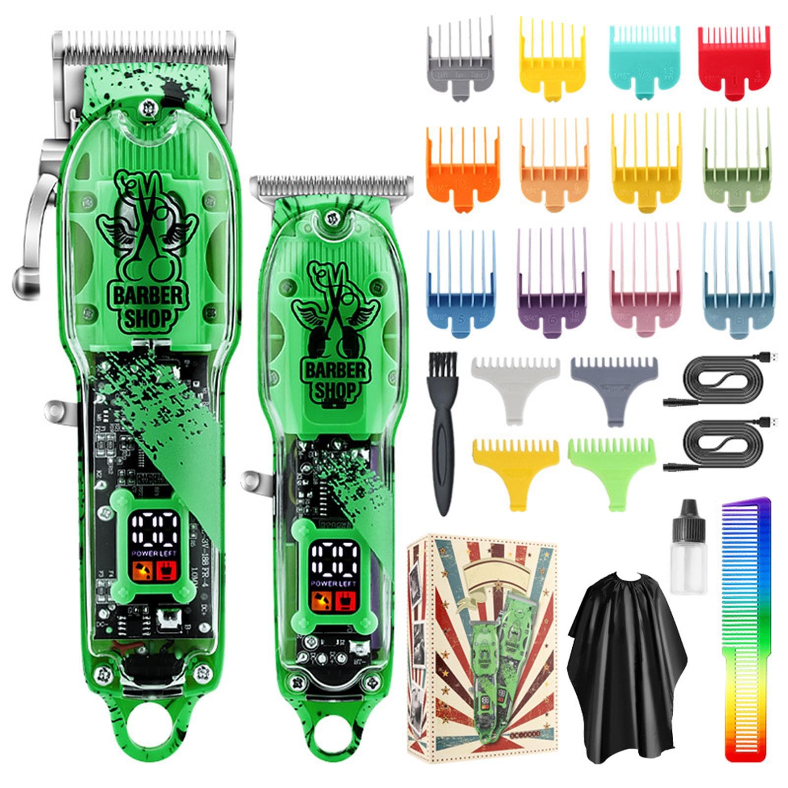 Electric Hair Clippers Cordless Hair Trimmer Men s Haircut Kit with 16 Guide Combs Hair Trimming Scissors pattern green