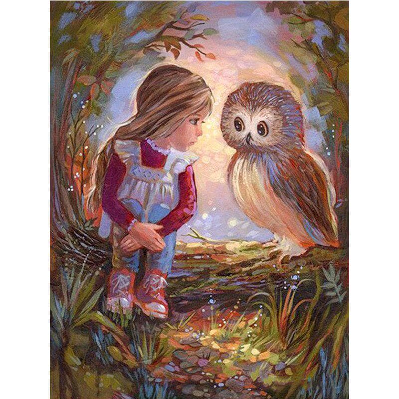 Diamond Painting Girl and Owl Cross Stitch Full Round Rhinestones Diamond Embroidery Decor Sticker 20X30CM