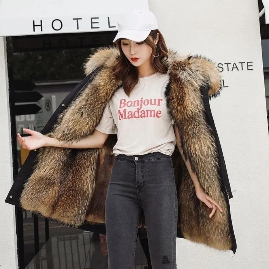 Faux Fur Parka Winter Fleece Jacket Women's Mid Length Warm Cotton Coats Detachable Lining Thick Hooded Jackets S brown