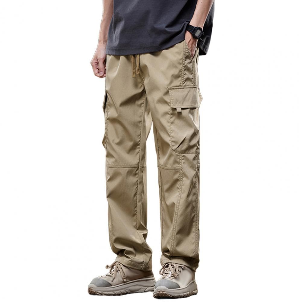 Men Cargo Pants Loose Drawstring Elastic Waist Solid Color Vintage High Street Style Straight Leg Pockets Streetwear Outdoor Tra M khaki