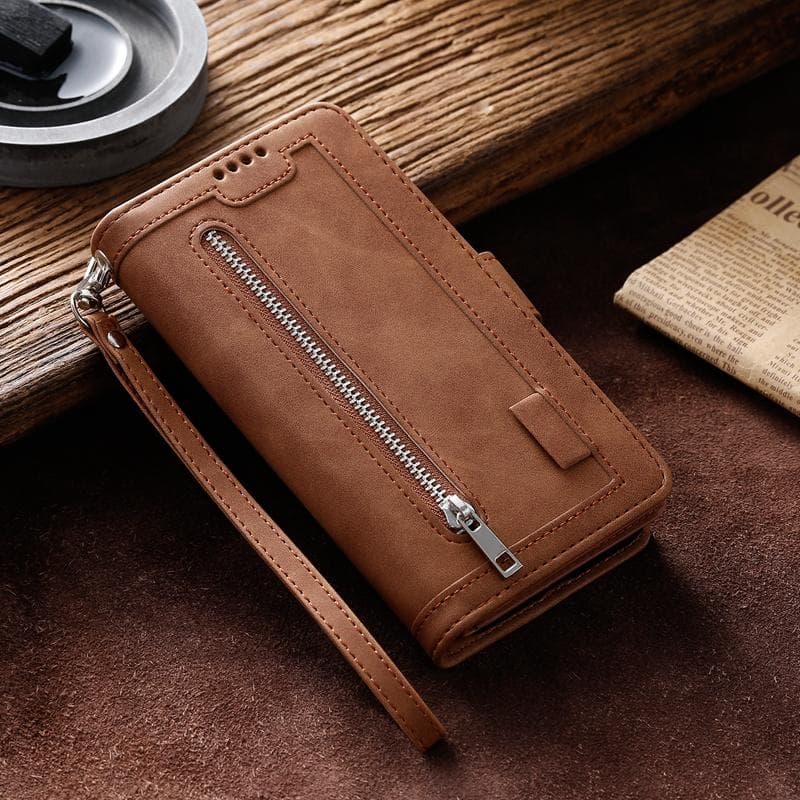 Luxury Glitter Wallet Case with 9 Card Slots for Samsung iPhone Huawei Xiaomi Redmi Zipper Leather Flip Cover OPPO Find X3 Lite brown