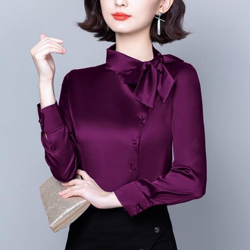 Long-sleeved Shirt with Bow Tie for Women's Winter Clothes New Satin Shirt Covering Belly To Make Them Look Slimming Top Fashionable Small Shirt L purple