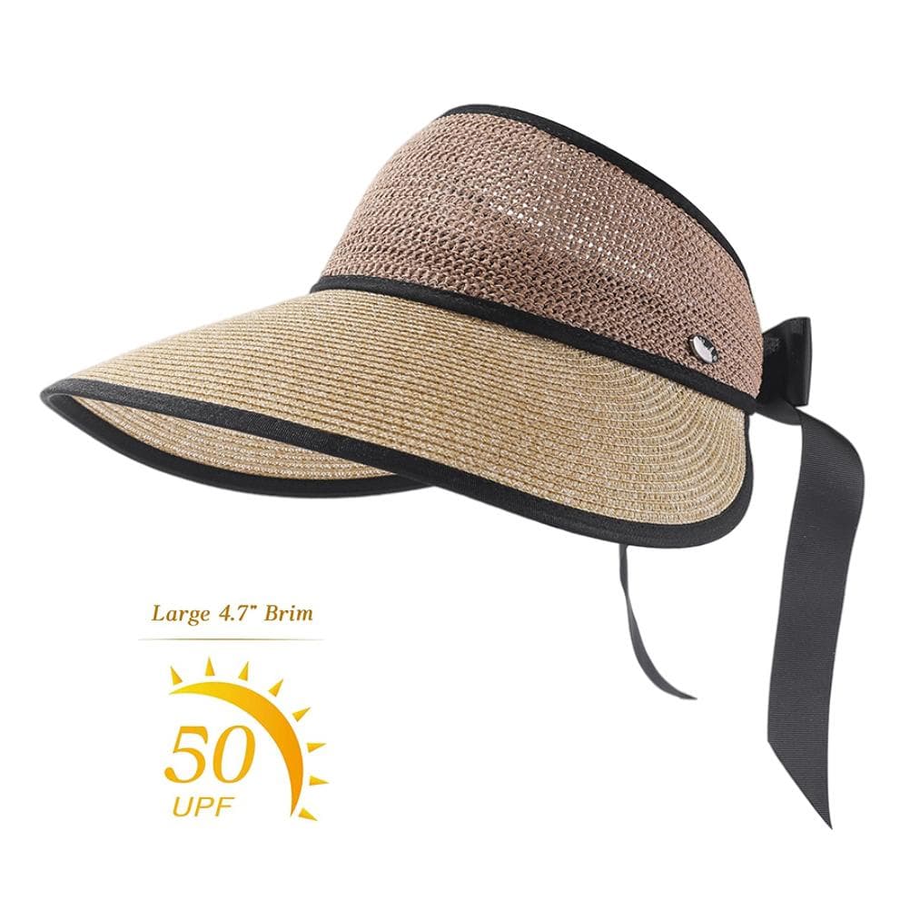 Foldable Straw Sun Visors for Women Sun Protection Wide Brim Bowknot Sun Hat Empty Top Breathable