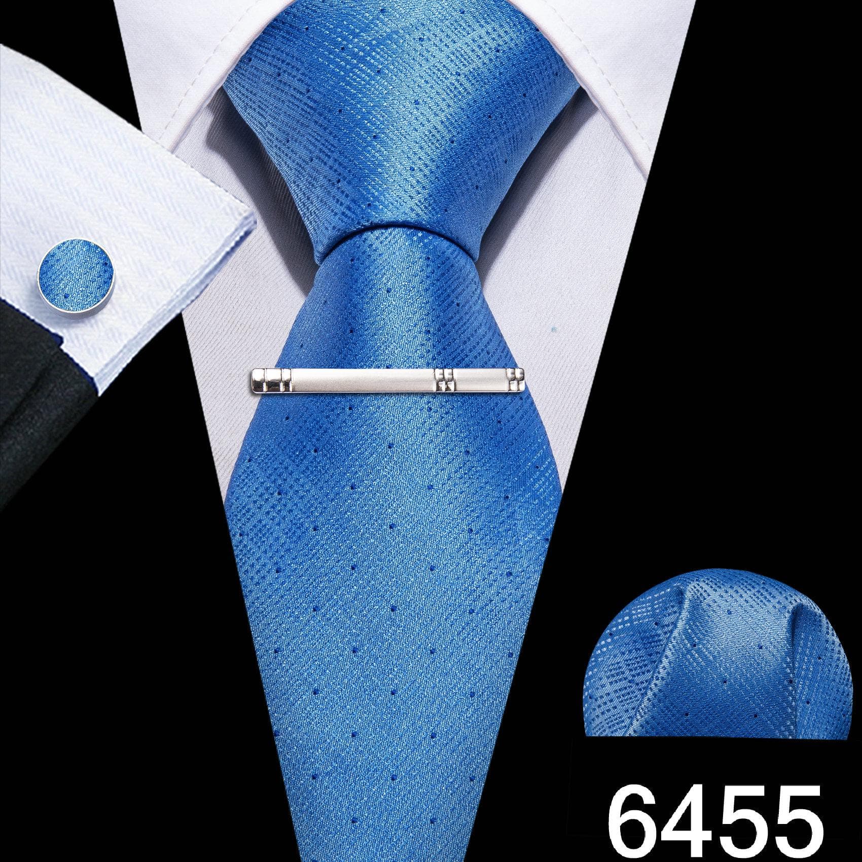 Barry.Wang Mens Green Blue Ties with Silver Tie Clip Wedding Silk Necktie Hanky Cufflinks Business Set N-6455