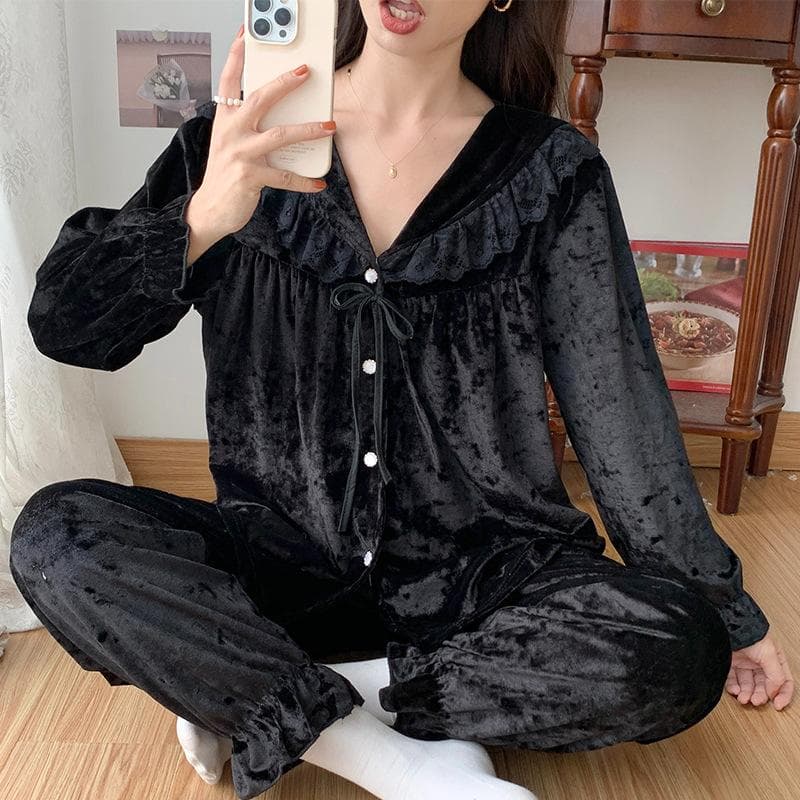 Spring Autumn Sweet Velvet Pajama Set Long Sleeve Shirt Pants Two Piece Home Wear Loose Casual Nightwear Women's Loungewear 2XL