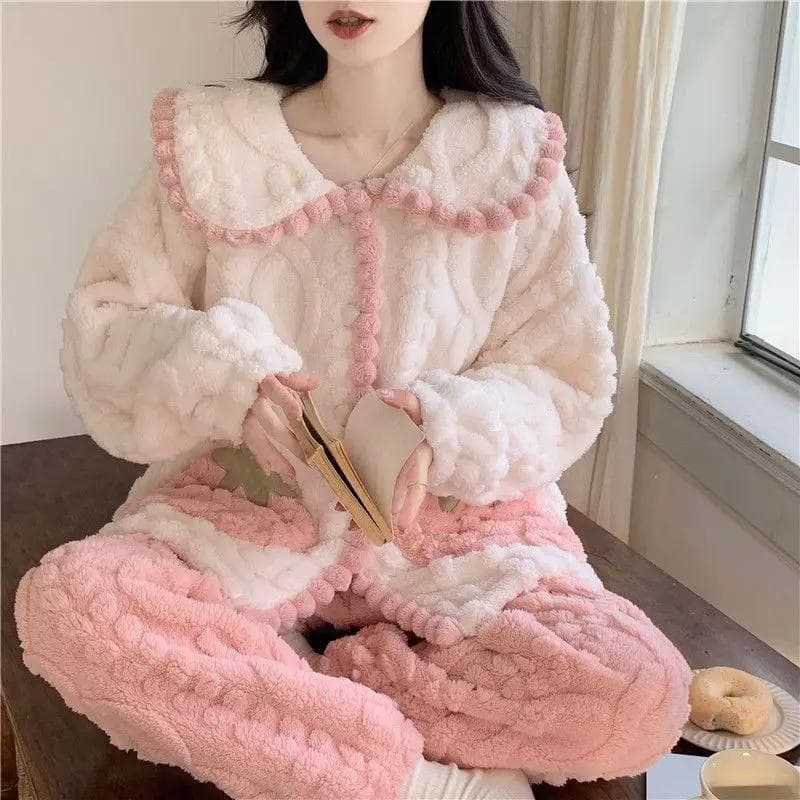 Pajamas Female Wintertime New Style Cardigan Coral Fleece Strawberry Jacquard Velvet Warm Thickening and Fleecing Loungewear Set 2XL