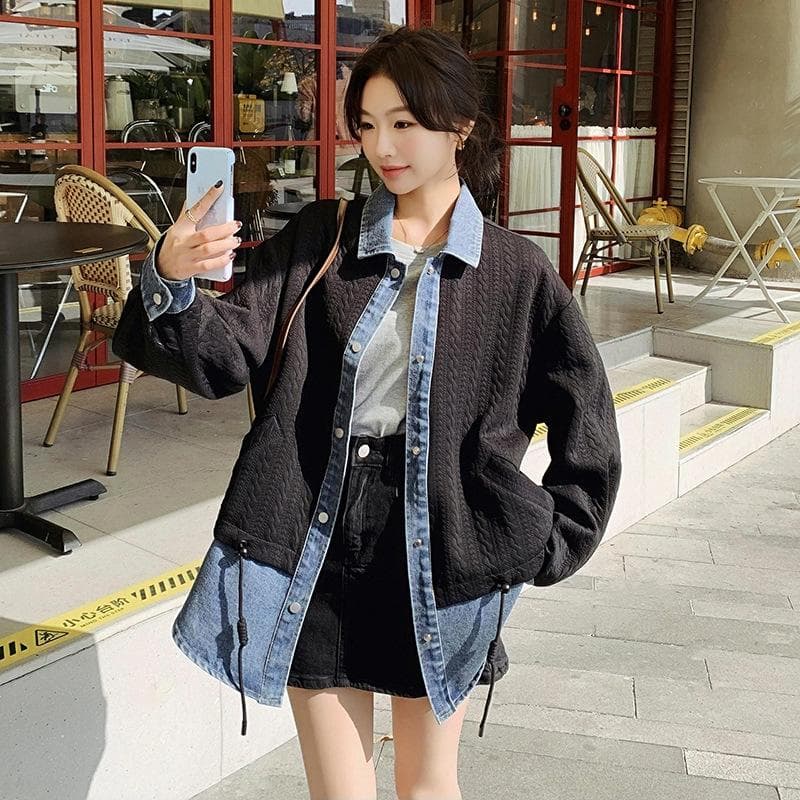 Women's Fake Two-piece Denim Contrasting Splicing Jacket New Casual Versatile Jacket XL black
