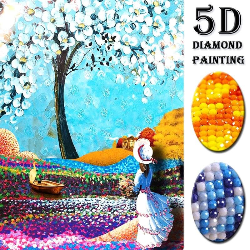 5D DIY Full Round Diamond Painting Tree and Girl Diamond Painting Cross Diamond Drill Rhinestone 20X30CM