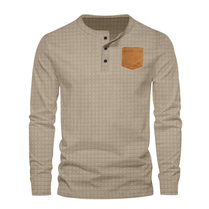 Men's Casual Long Sleeve Small Square Solid Colour Button Slim Patch Pocket Pullover T-Shirt Man M khaki