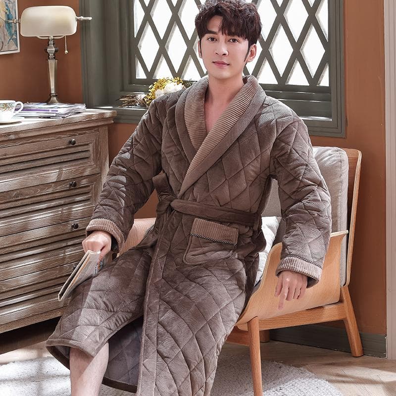 Thick 3 Layers Warm Winter Bathrobe Men Soft Flannel Quilted Long Kimono Bath Robe Male Dressing Gown for Mens Coral Fleece Robe XL