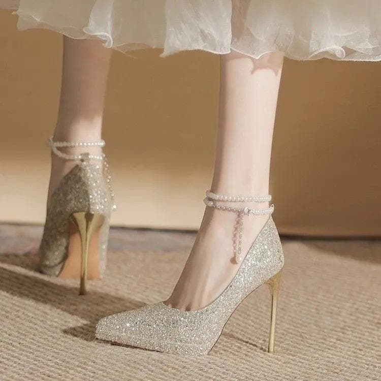 Fashion Women New Wedding Crystal Sequins Pumps Women Party Wedding Bling Glitter High Heels Shoes Ladies High Heels Pearl Chains Shoes 39 gold