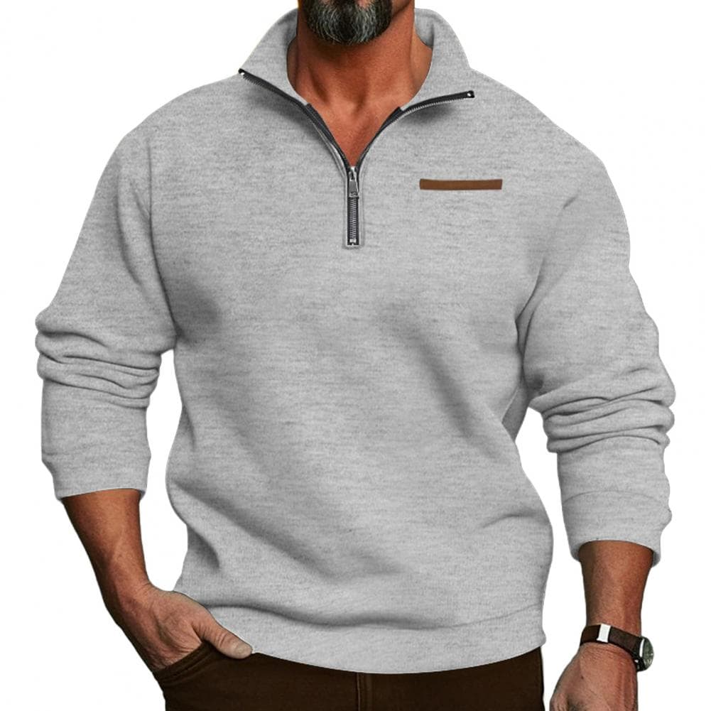 Sweat-proof Men Sweatshirt Men's Half Zipper Stand Collar Sweatshirt with Plush Lining Casual Winter Pullover for Holiday Sports M light grey