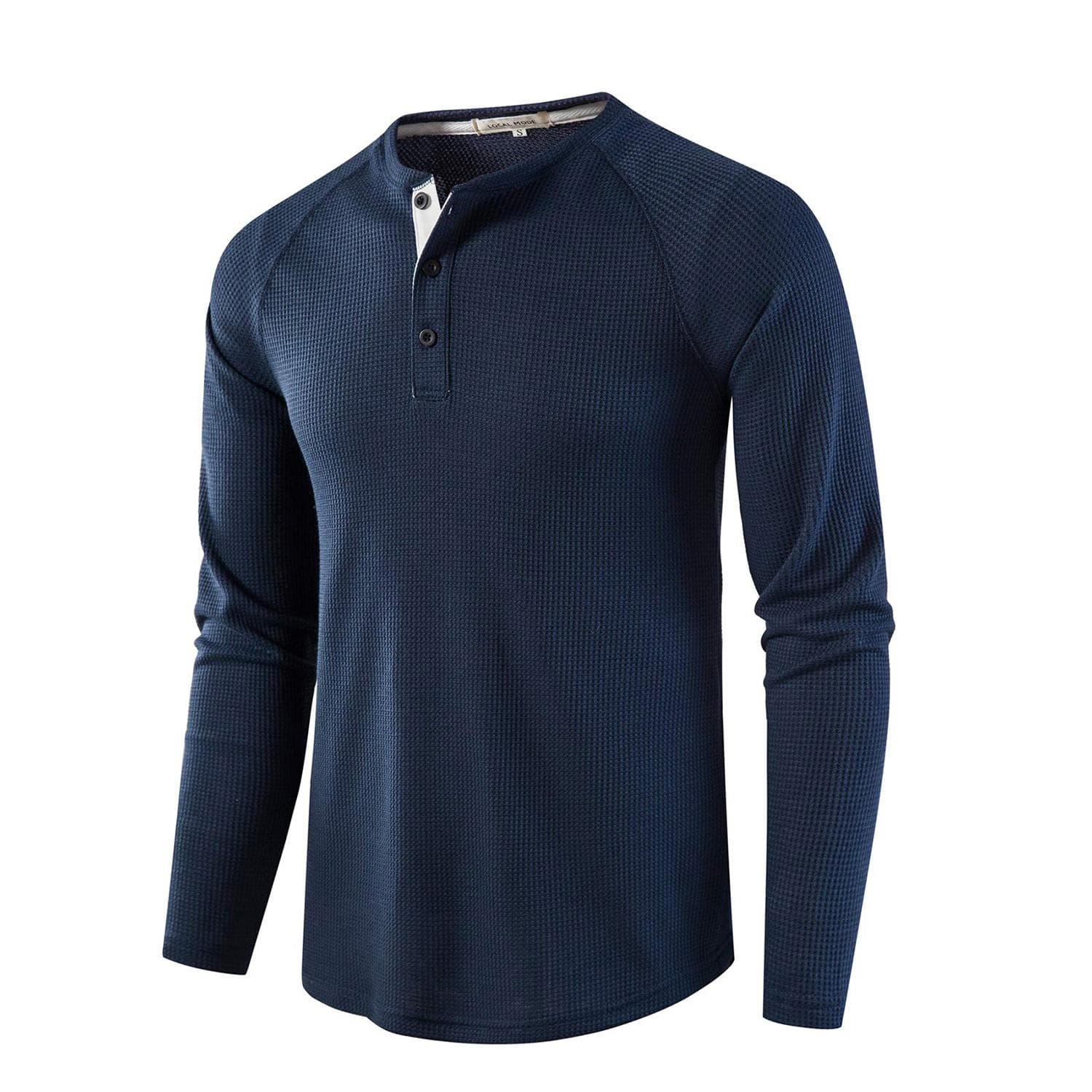 Men’s Waffle Henley Shirts Round Neck Long Sleeves T-Shirt Solid Color Casual Wear Autumn Winter Comfy Shirt L navy blue