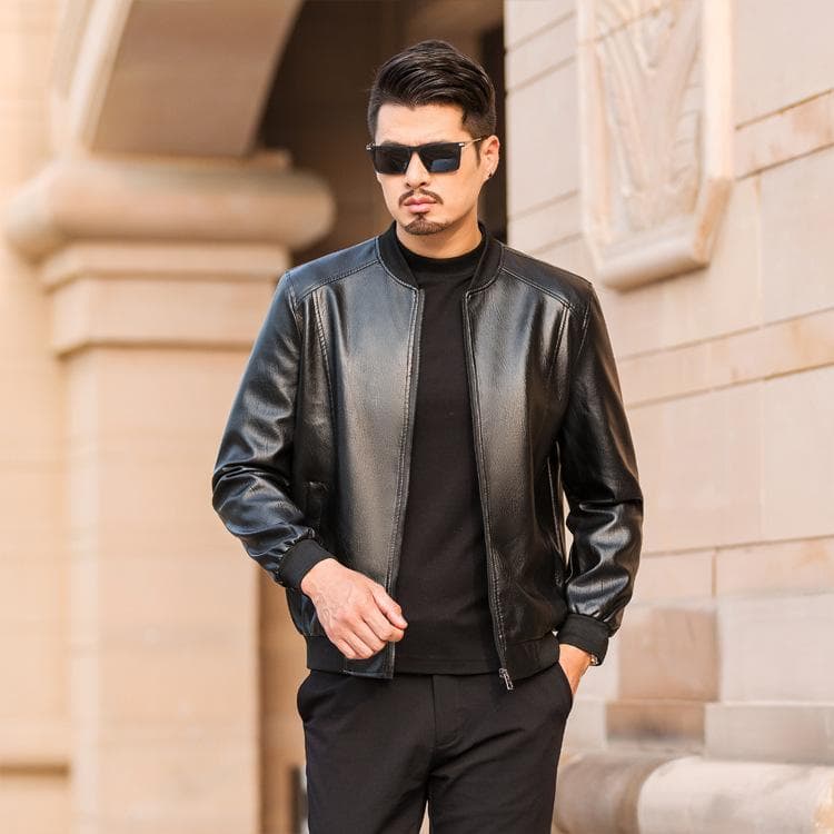 Leather Men's Coat Spring Fall Threaded Leather Jacket Jacket Slim Fit Youth Student Baseball Jacket Leather Coat 60