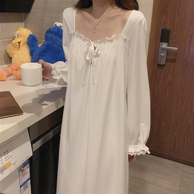 Women Mid Calf Nightgowns Solid Square Collar Long Sleeve Drawstring Ruffles Loose Retro Chic XL white