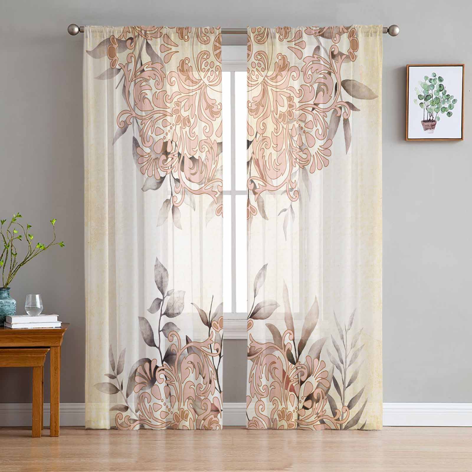 Persian Patterned Watercolor Leaves Tulle Window Curtains for Bedroom Luxury Home Decor Drapes in Living Room Chiffon Panels 135W x 114H(cm)