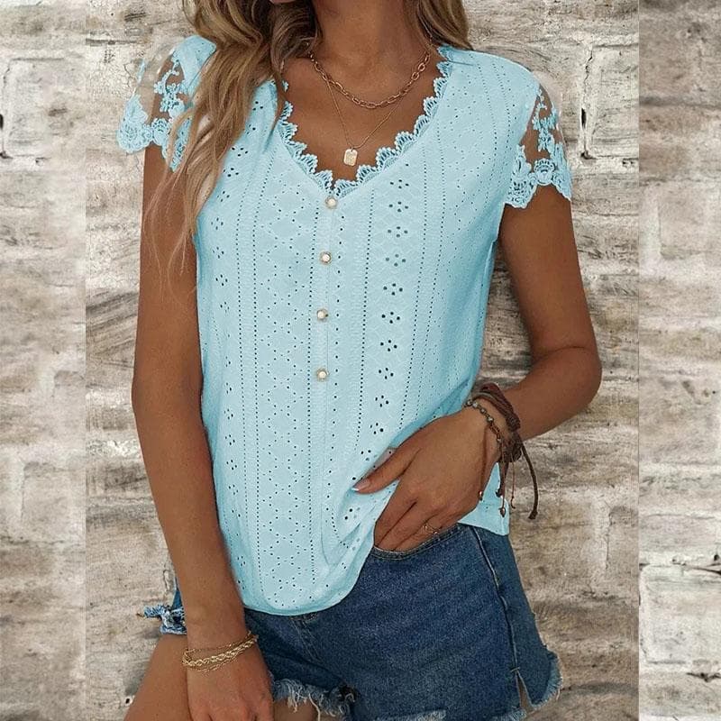 Summer Women's T-shirt Fashion Loose Solid Color Lace V-neck Short-sleeved T-shirt Tops XXL light blue