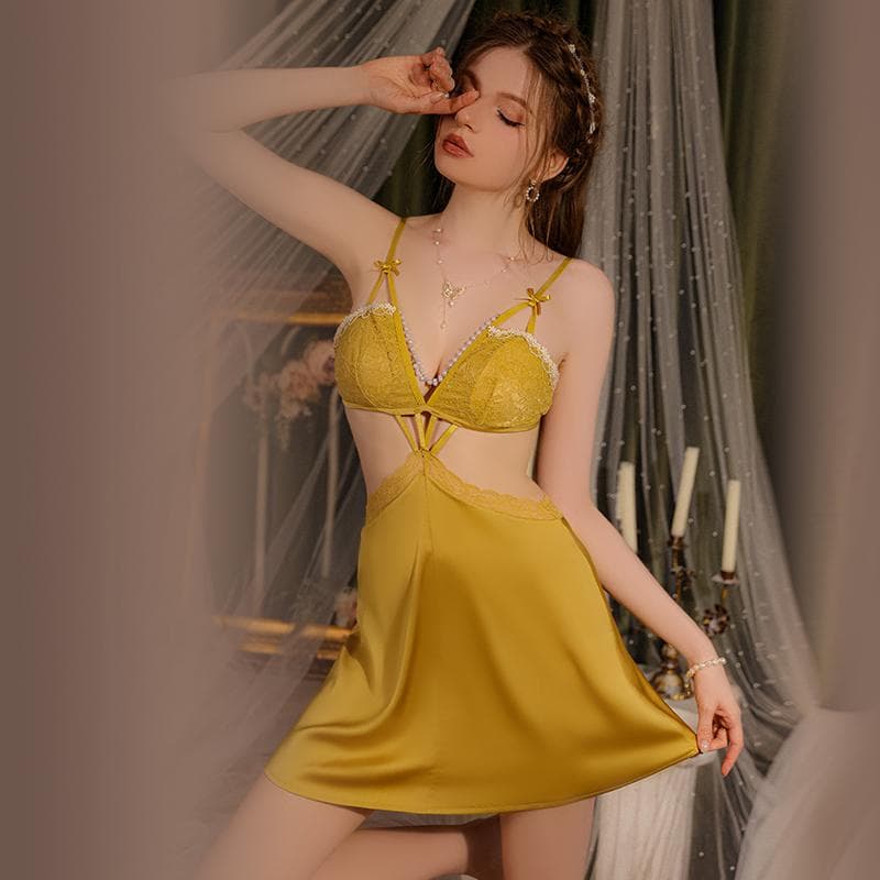 Women's Lingerie Set Autumn Satin Lace Pearl Chain Hollow Pajamas with Breast Pads Sexy Pajamas for Women L