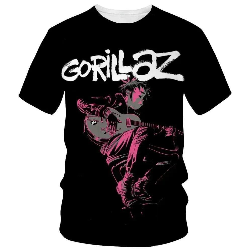 From cartoon to fashionable Gorillaz 3D printed new T-shirt, Harajuku style casual short sleeved hip-hop T-shirt for men and women, street T-shirt S black