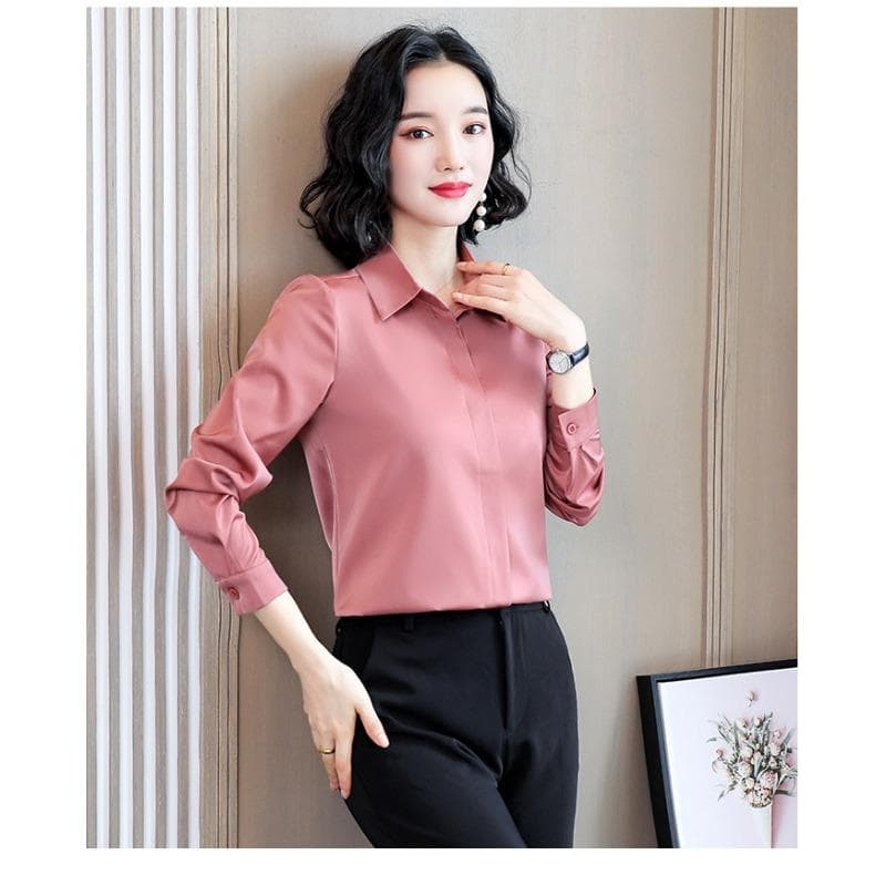 Satin-faced Acetic Acid Shirt for Women Long-sleeved Silky Slippery Shirt Temperament Early Autumn Design Niche Top 3XL