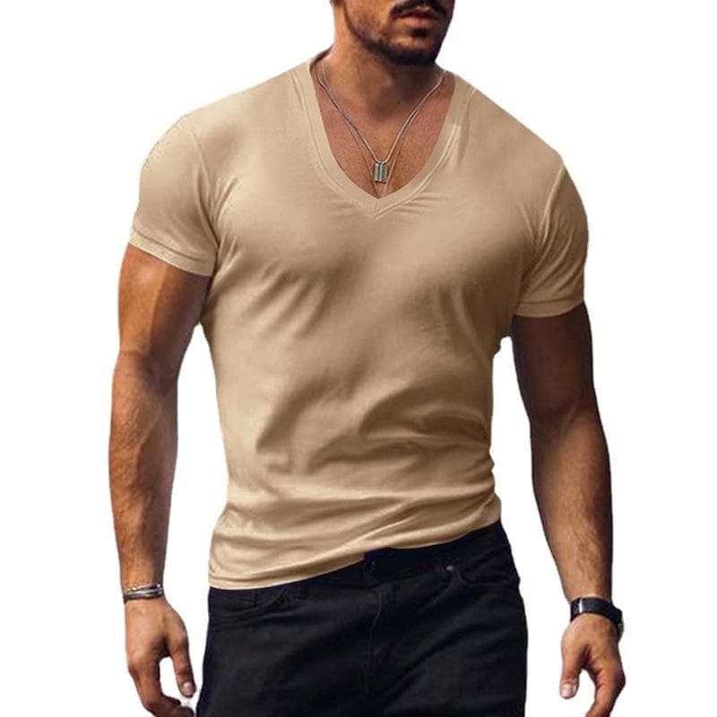 Men's T-shirt White Black Top Men V-neck Solid Large Size Casual Short Sleeve T-shirts XL khaki